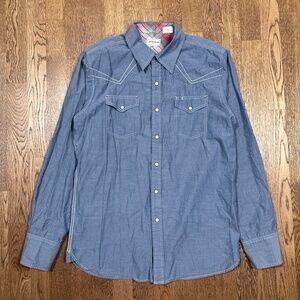 Stetson Chambray Western Pearl Snap Blue L/S Button Shirt Mens Large